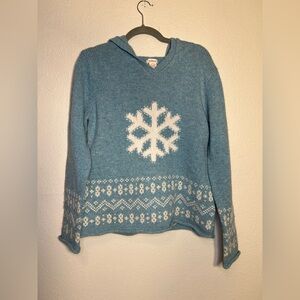 Sundance Blue Wool Angora Hooded Snowflake Sweater V-Neck
